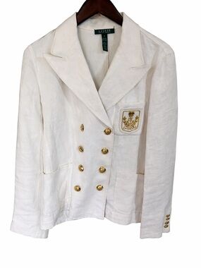 Ralph Lauren White Double-Breasted Linen Blazer with Gold Crest Buttons